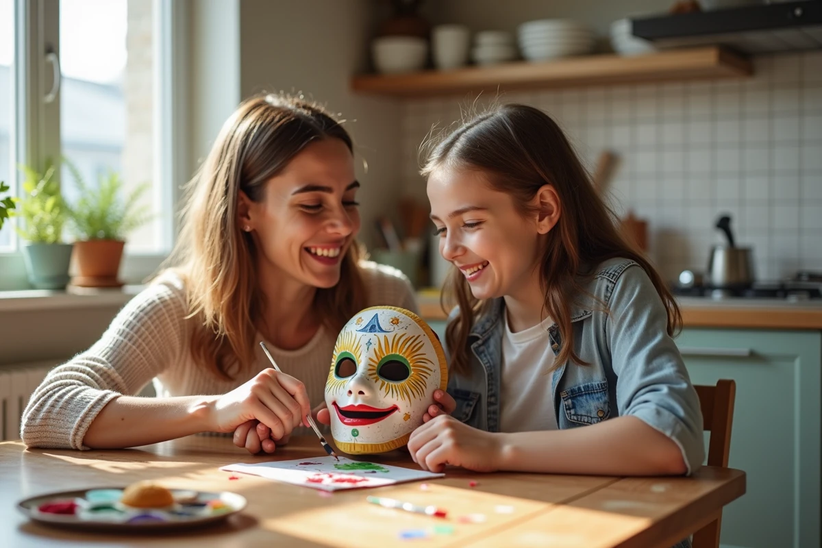 Maman et fille peignant ensemble des masques dans la cuisine