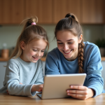 Maman et fille de 7 ans utilisant une tablette éducative