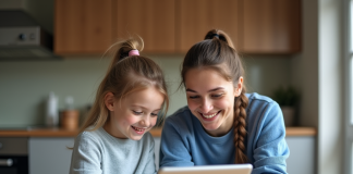 Maman et fille de 7 ans utilisant une tablette éducative