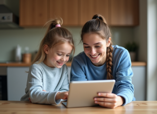 Maman et fille de 7 ans utilisant une tablette éducative