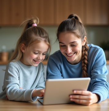 Maman et fille de 7 ans utilisant une tablette éducative