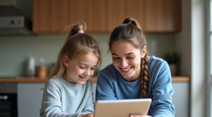 Maman et fille de 7 ans utilisant une tablette éducative