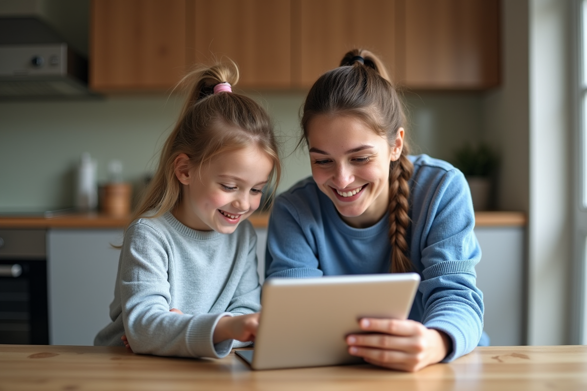 Maman et fille de 7 ans utilisant une tablette éducative
