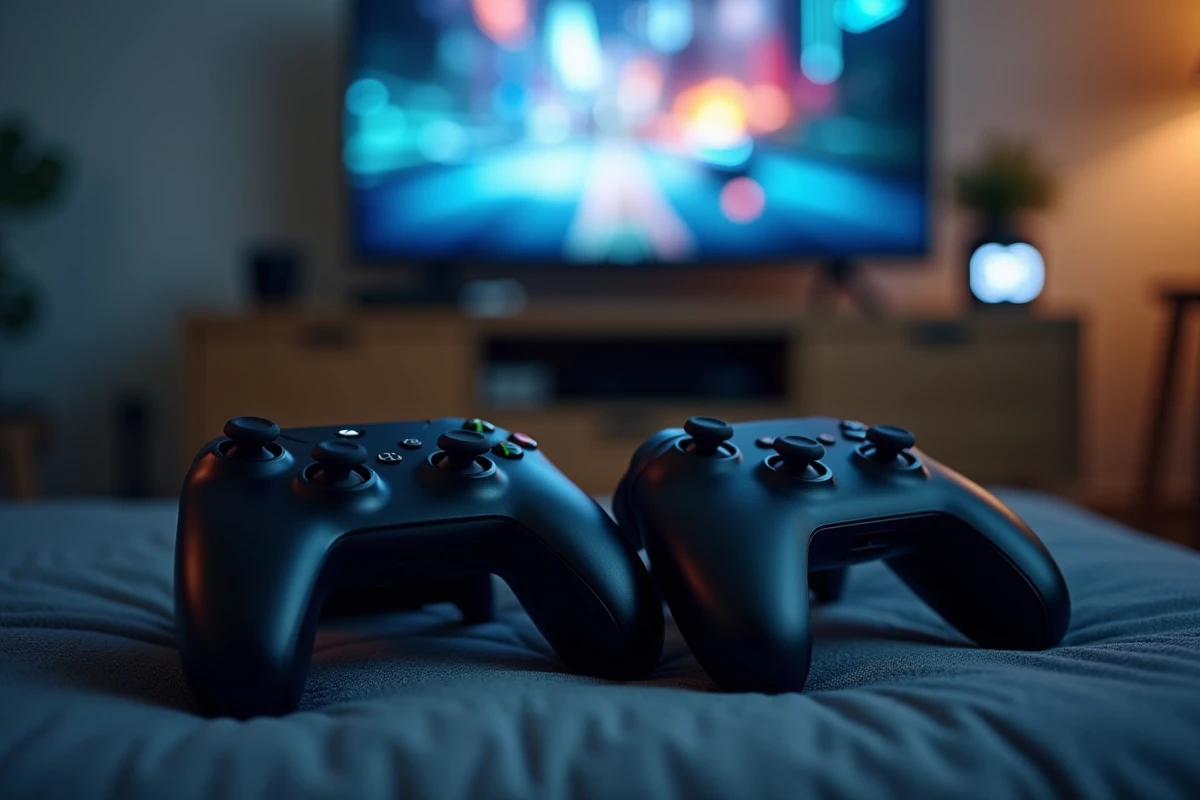 Deux manettes de jeu posées côte à côte évoquant une session coopérative en pause pendant un week-end Split Fiction