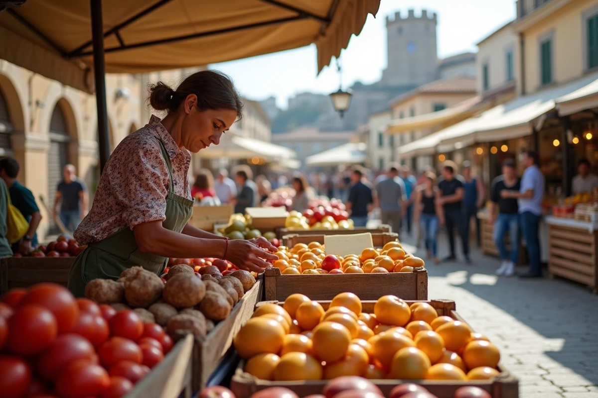 Marché local corse avec producteurs vendant fromage brocciu et légumes frais sous une tonnelle