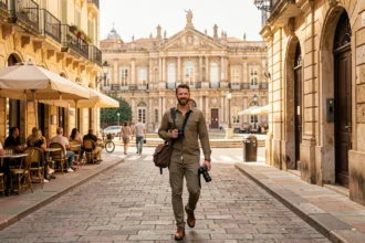 Photographe professionnel se promenant dans les rues historiques de Montpellier avec son matériel photo