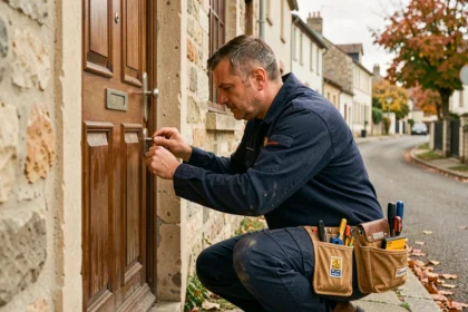 Serrurier professionnel inspectant une serrure devant une maison dans l'Aube