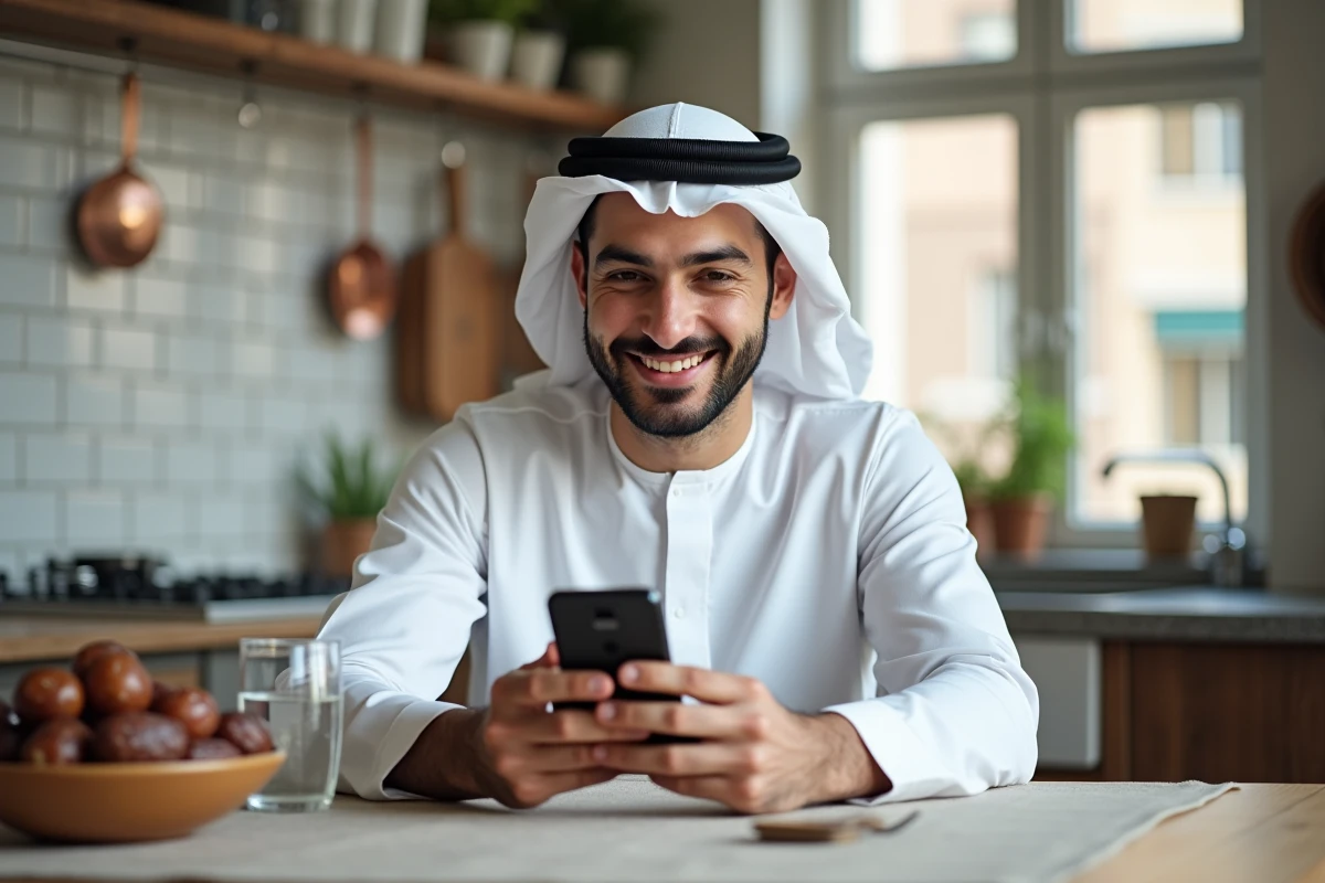 Jeune homme en tenue traditionnelle envoyant un message de voeux pour le Ramadan depuis sa cuisine