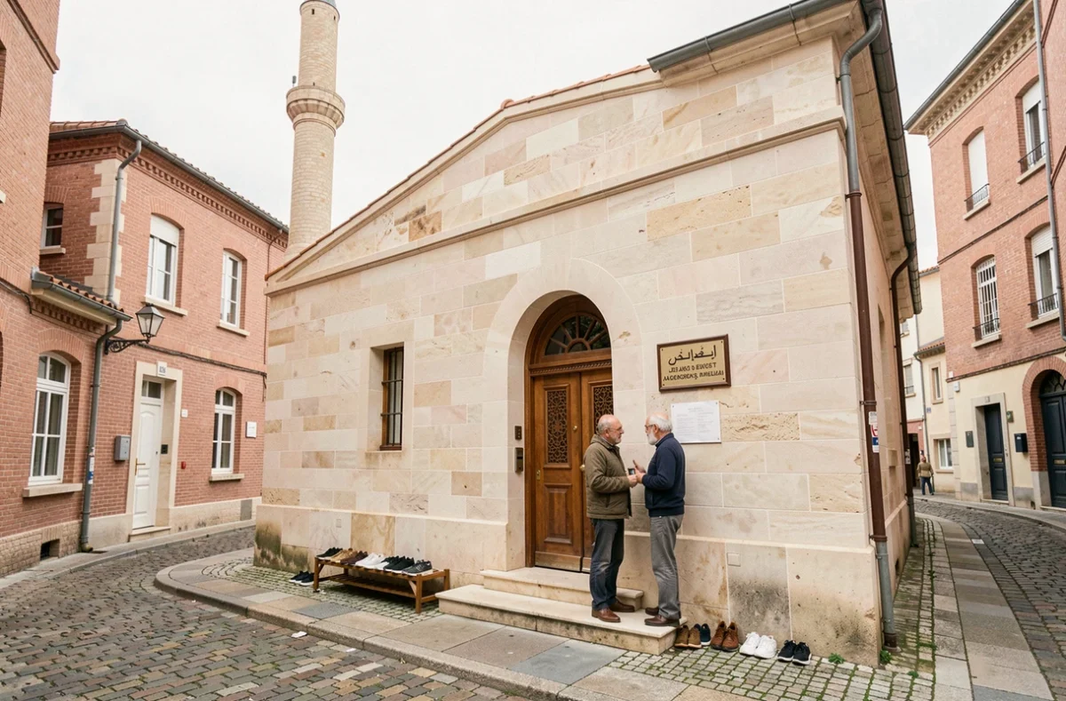Façade d'une mosquée de quartier à Toulouse avec des fidèles à l'entrée et architecture locale en brique rose