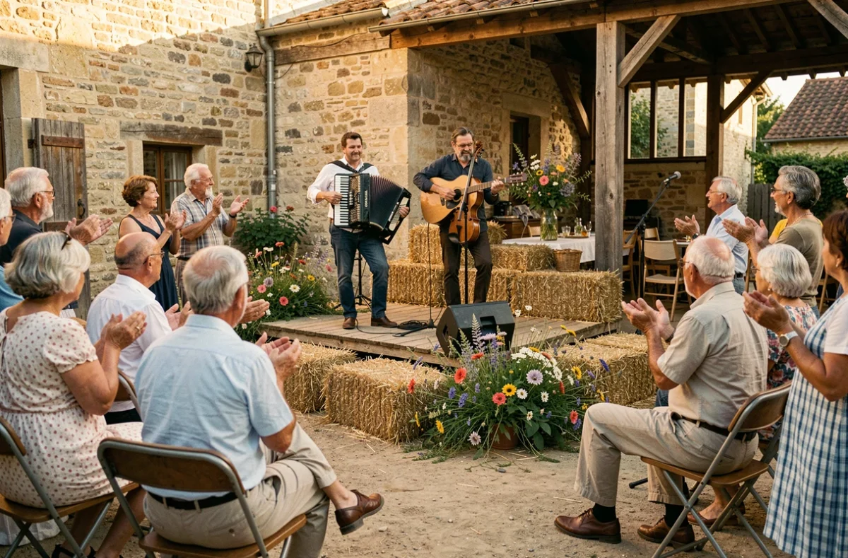 Groupe de musiciens folkloriques jouant sur scène lors d'une fête de village traditionnelle en France