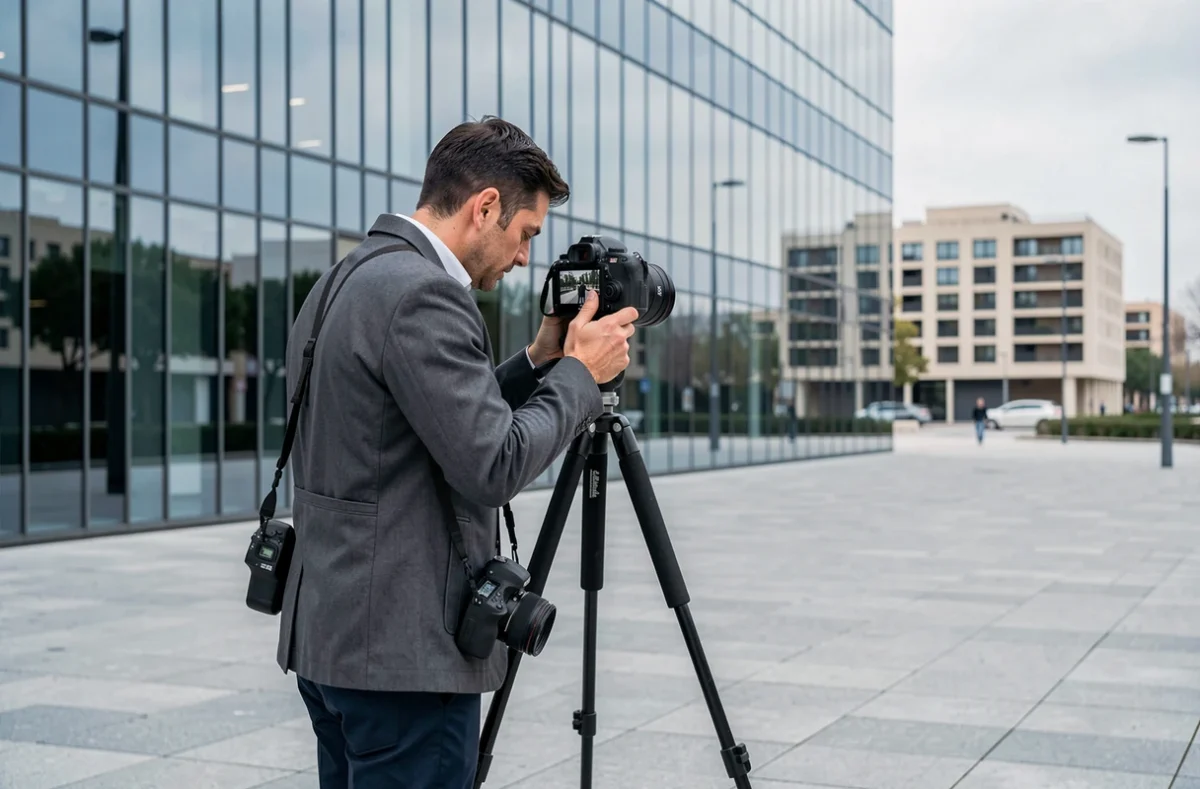 Nikola Ancevski photographe en repérage urbain à Montpellier avec trépied et boîtier professionnel