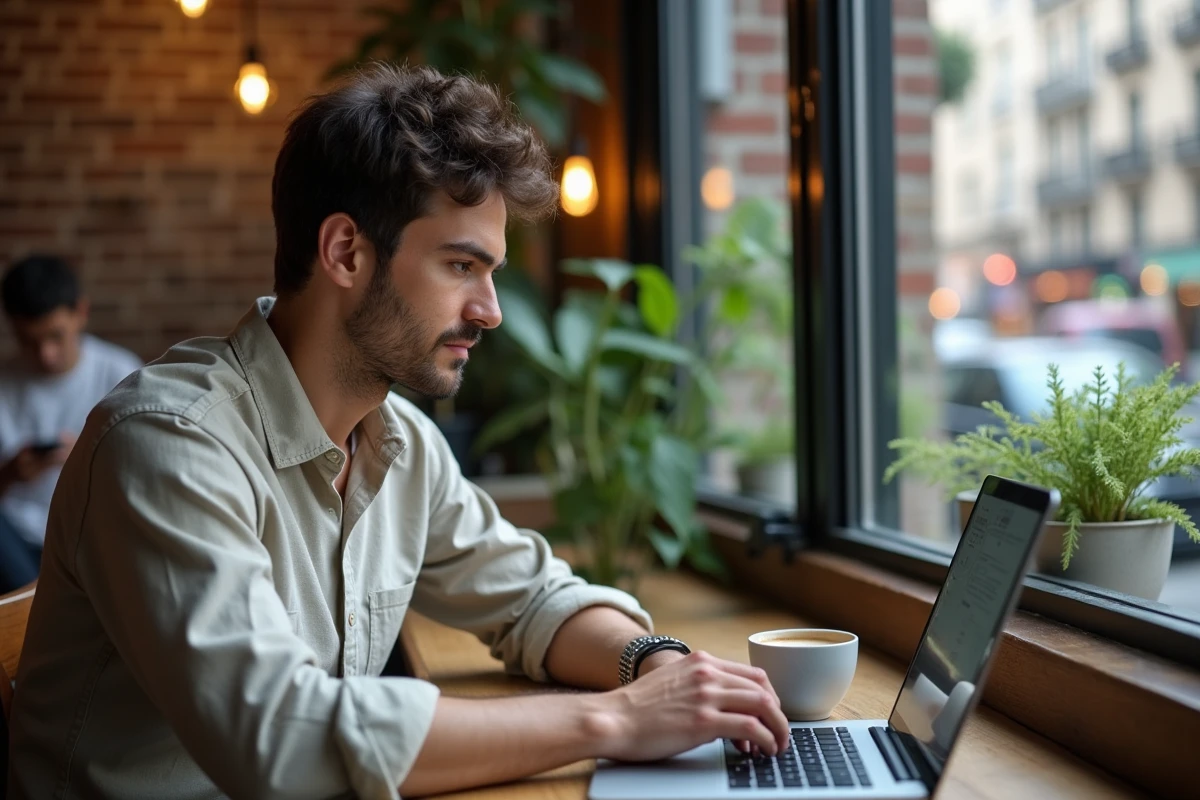 Homme lisant One Piece en ligne sur un ordinateur portable dans un café urbain