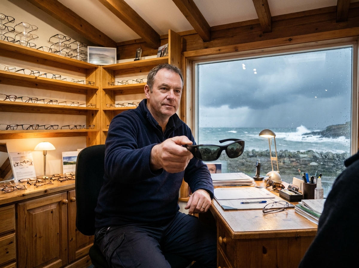 Opticien présentant des lunettes anti-UV dans une boutique en bord de mer pendant une tempête d'automne