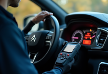 Main de mécanicien avec outil diagnostic Citroen lumineux