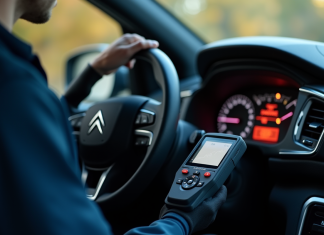Main de mécanicien avec outil diagnostic Citroen lumineux