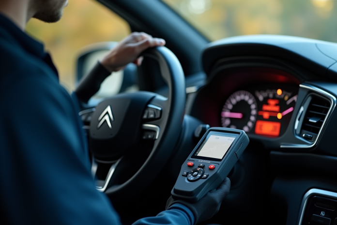 outil-diagnostic-automobile-citroen Main de mécanicien avec outil diagnostic Citroen lumineux
