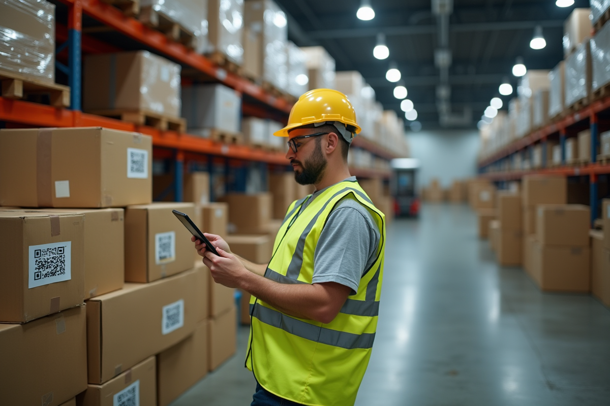 Ouvrier en entrepôt scannant un QR code sur des cartons