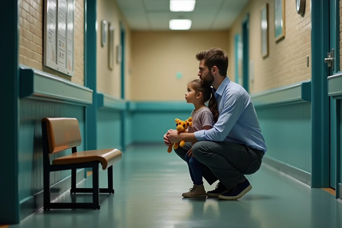 Père jeune avec sa fille regardant un panneau d instructions
