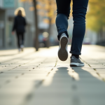 Jambes et pieds marchant sur trottoir en ville en plein jour