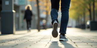 Jambes et pieds marchant sur trottoir en ville en plein jour