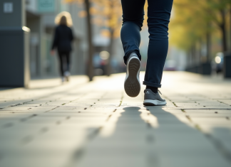 Jambes et pieds marchant sur trottoir en ville en plein jour
