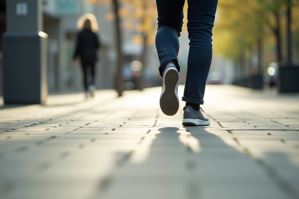 Jambes et pieds marchant sur trottoir en ville en plein jour