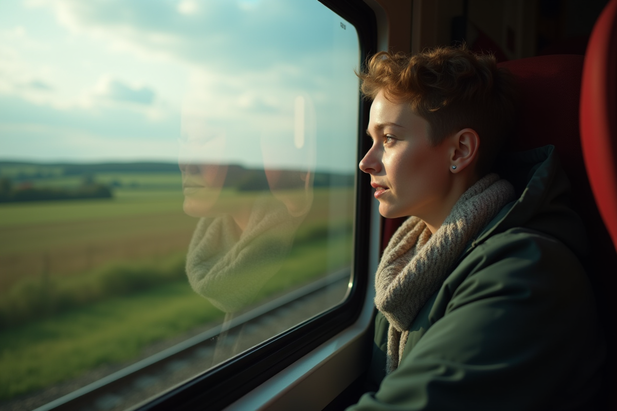 Passager regardant par la fenetre avec paysage europeen