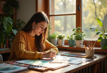Jeune femme peignant à l'aquarelle près d'une fenêtre lumineuse