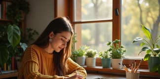 Jeune femme peignant à l'aquarelle près d'une fenêtre lumineuse