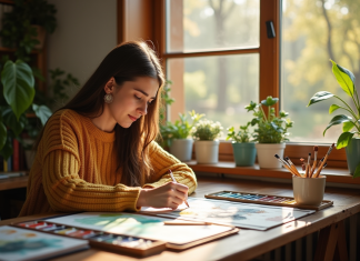 Jeune femme peignant à l'aquarelle près d'une fenêtre lumineuse