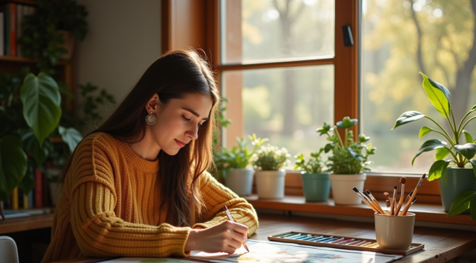 Jeune femme peignant à l'aquarelle près d'une fenêtre lumineuse