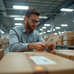 Personne triant des colis dans un centre logistique à Lyon