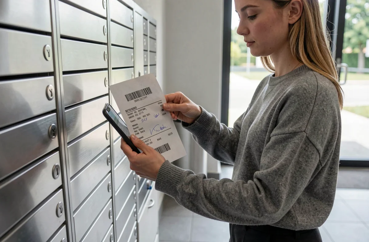 Jeune femme photographiant un reçu de dépôt de colis retour dans le hall d'un immeuble résidentiel