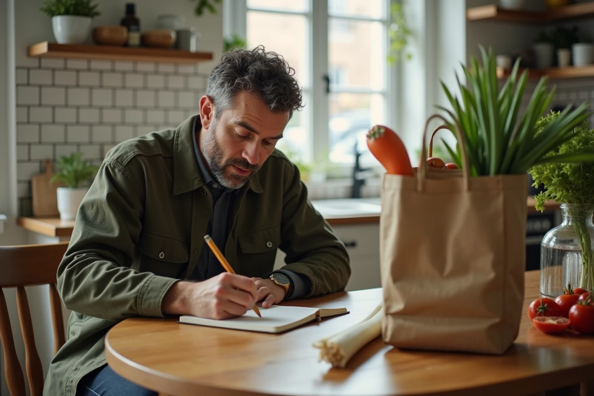 Homme planifiant ses repas de la semaine avec des légumes du marché du dimanche posés sur la table