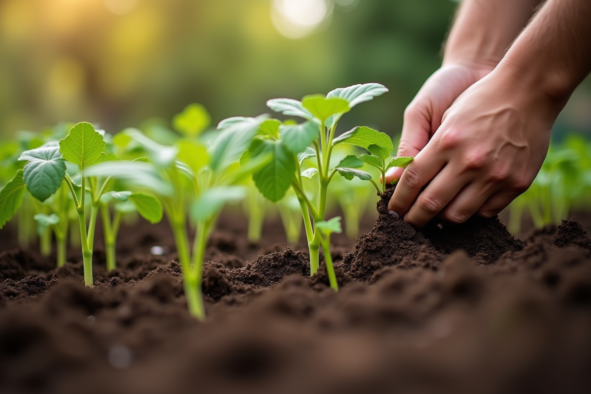 Mains plantant jeunes plants de légumes en macro