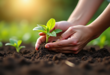 Mains de jardinier plantant du chèvrefeuille frais dans un sol humide