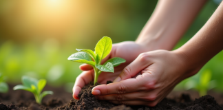 Mains de jardinier plantant du chèvrefeuille frais dans un sol humide
