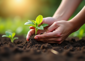 Mains de jardinier plantant du chèvrefeuille frais dans un sol humide