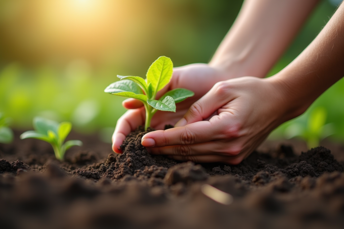 plantation-miel-chanvre Mains de jardinier plantant du chèvrefeuille frais dans un sol humide