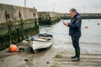 Ponton du port de Capbreton à marée basse avec un pêcheur consultant les horaires des marées