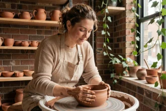 Femme adulte pratiquant la poterie artisanale sur un tour en studio, activité créative manuelle tendance 2026 centrée sur le bien-être