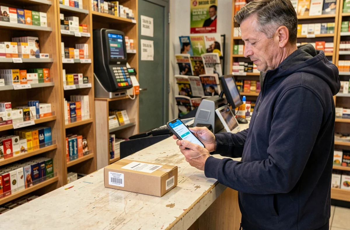 Homme consultant une preuve de dépôt numérique sur smartphone dans un bureau de tabac lors d'un retour colis