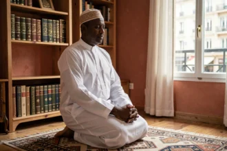 Homme en tenue traditionnelle effectuant la prière sur un tapis de prière dans un appartement à Toulouse