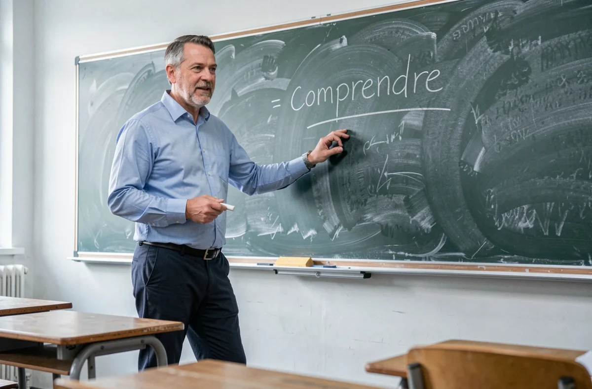 Professeur de français écrivant la conjugaison du verbe comprendre au tableau dans une salle de classe