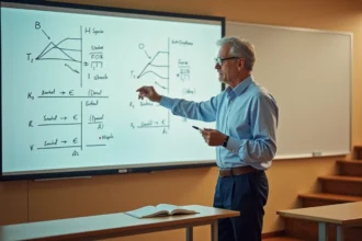 Professeur d'économie expliquant le modèle HOS et la dotation factorielle devant un tableau blanc avec des diagrammes de commerce international