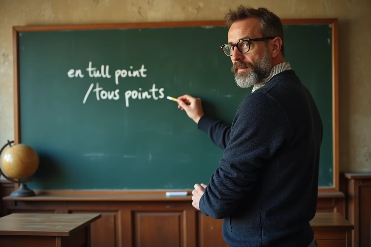 Professeur de français écrivant au tableau la règle orthographique en tout point ou en tous points dans une salle de classe traditionnelle