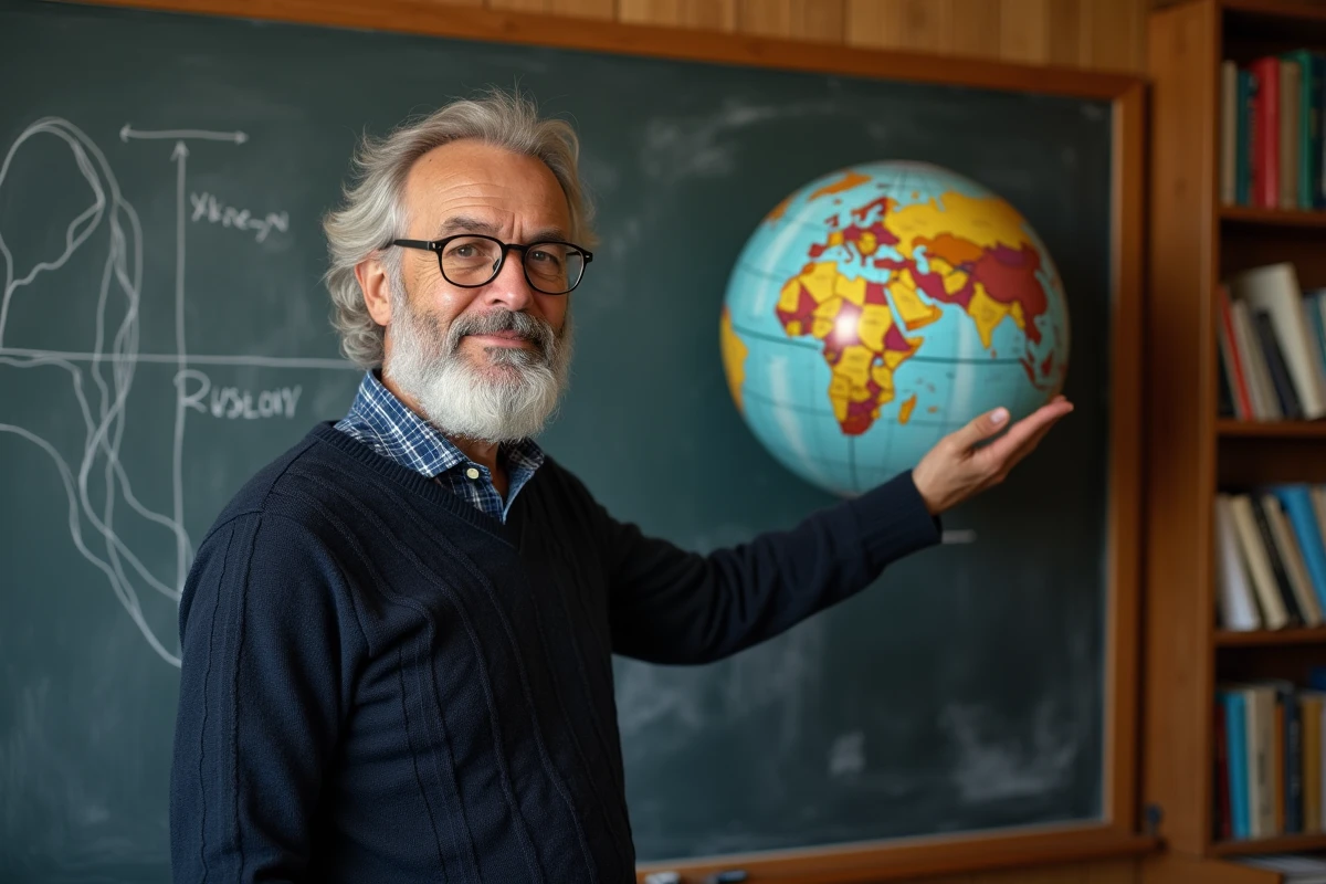 Professeur de géographie pointant la Russie sur un globe physique en classe pour illustrer le plus grand pays du monde