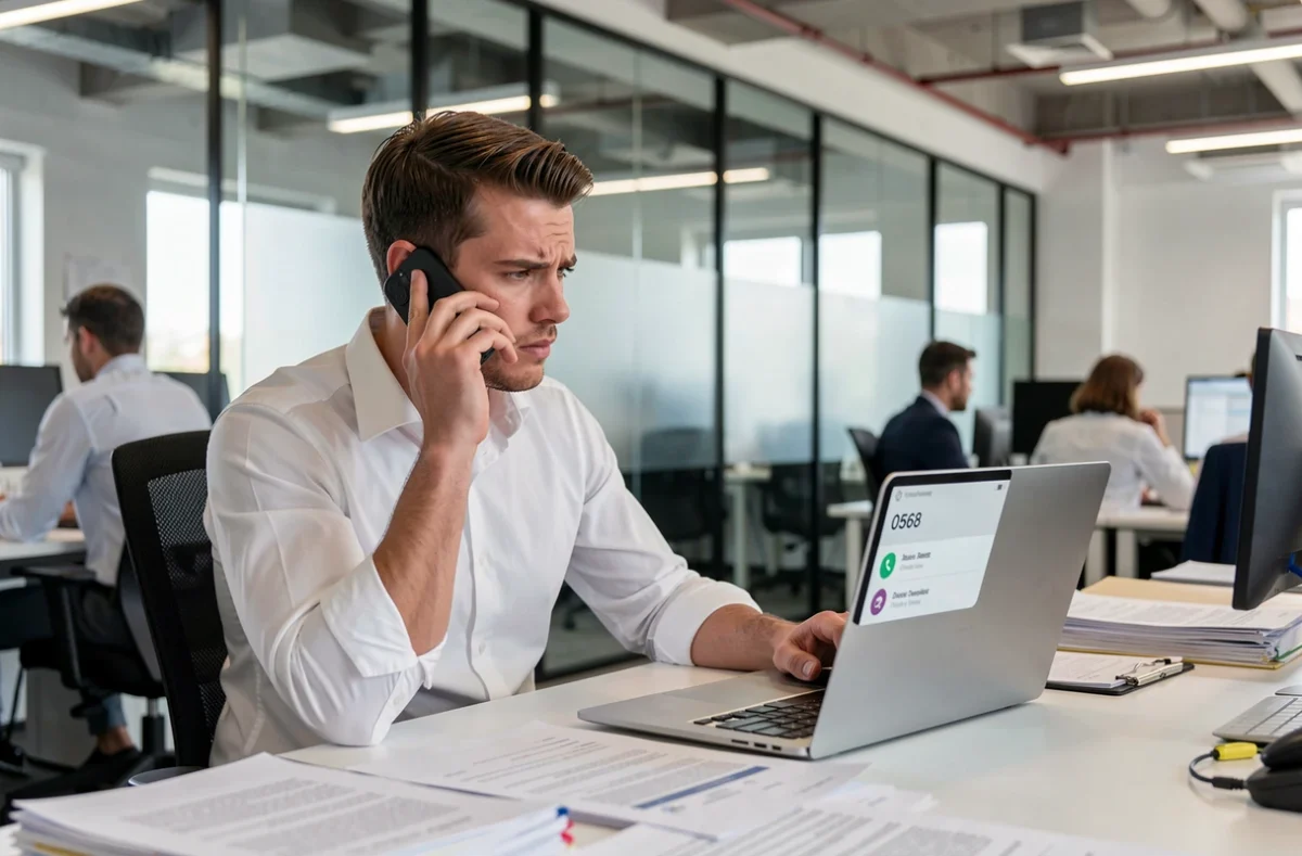 Jeune professionnel en bureau open space recevant un appel téléphonique suspect d'un numéro indicatif 0568 durant sa journée de travail