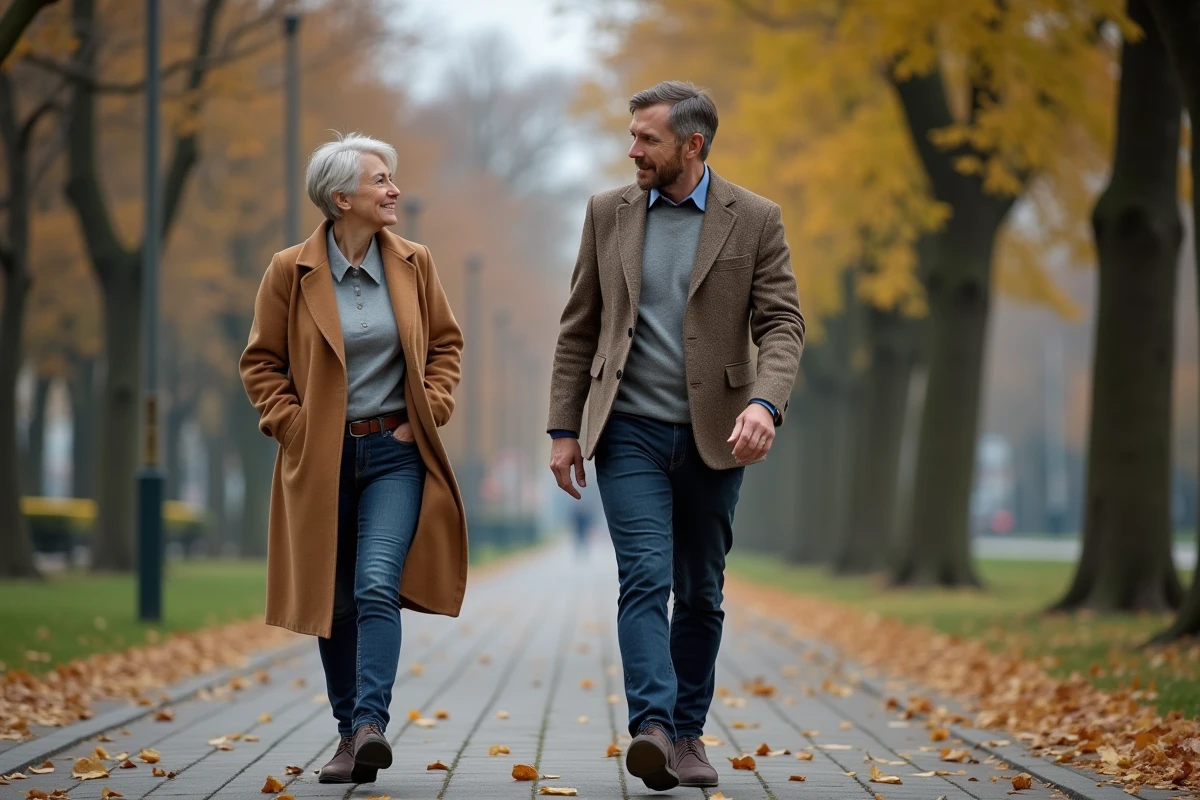 Homme et femme discutant dans un parc en automne