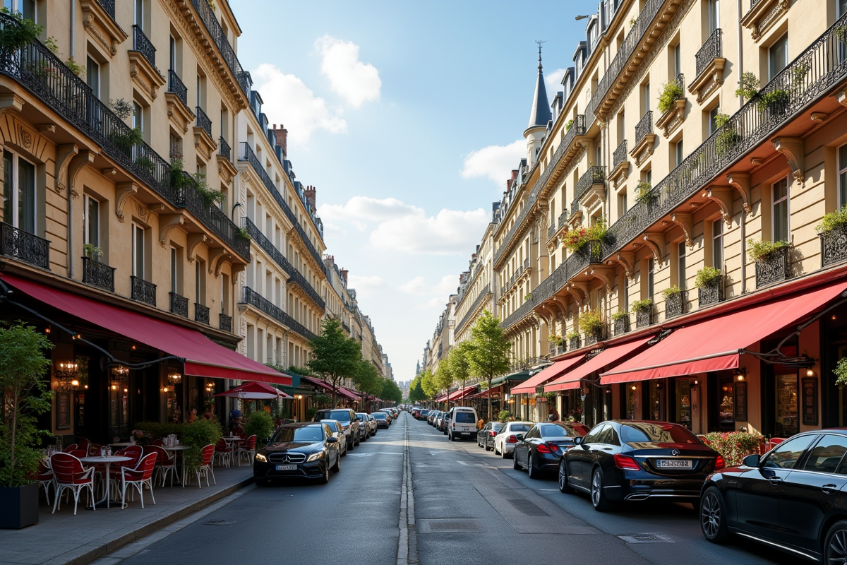 Rue chic à Paris avec immeubles haussmann et cafés élégants